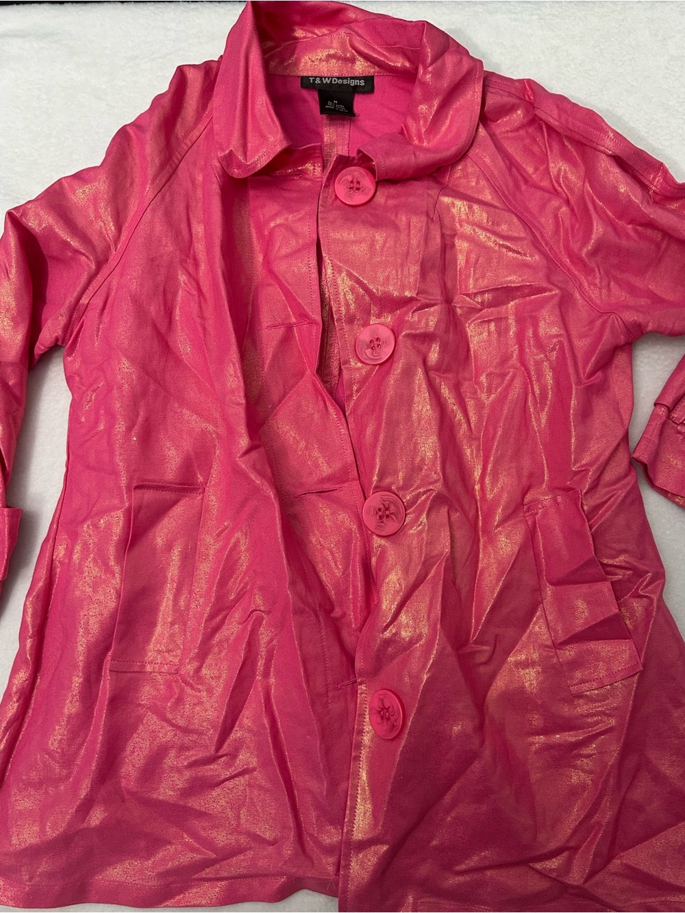 T&W Designs Shiny Hot Pink Metallic Button-Front Trench